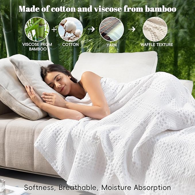 PHF Cooling Waffle Blanket Queen Size, Lightweight 60% Rayon Derived from Bamboo & 40% Cotton Breathable Blanket for Hot Sleepers, Soft and Luxury for Bed Couch and Sofa, 90"x90", White