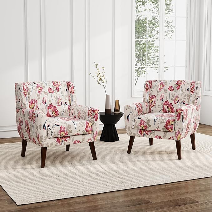 UIXE Floral Accent Chair, Modern Upholstered Armchair in Fabric for Living Room, Comfy Club Arm Chairs Single Sofa Button Tufted Bedroom Reading Seat - Pattern White, Set of 2
