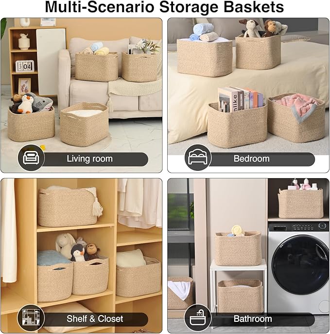 Storage Baskets for Organizing & Shelves, Woven Cotton Rope Organization Bins for Dog Toys, Clothes, Books, Nursery Organizer, 15" Lx11''Wx9.5''H, (4 Packs) Brown
