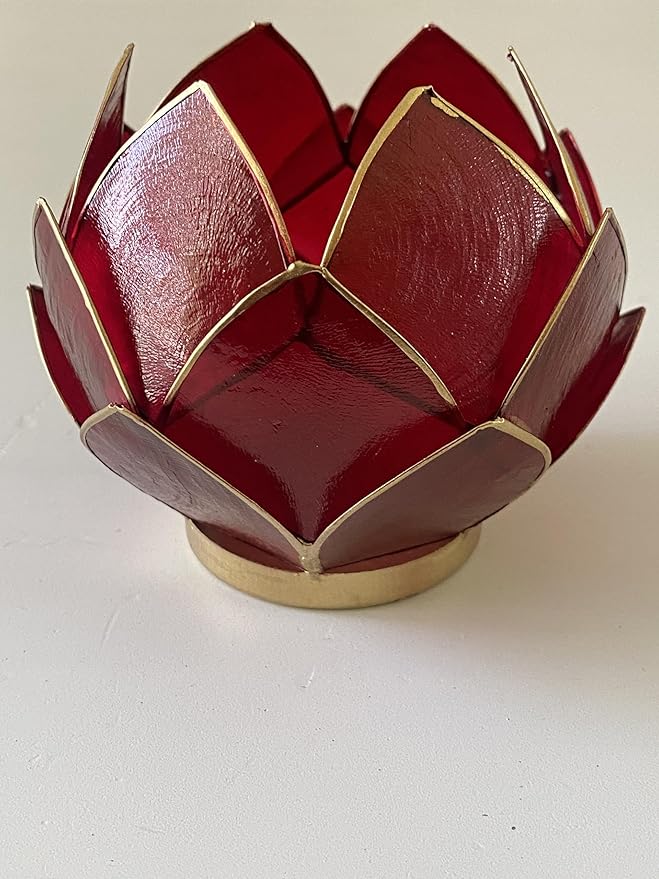 Blooming Lotus Capiz Shell Tealight Candle Holder, Handcrafted Decorative Tea Light Candleholder with Translucent Flower Petals for Ambient Illumination and Natural Elegance, Red