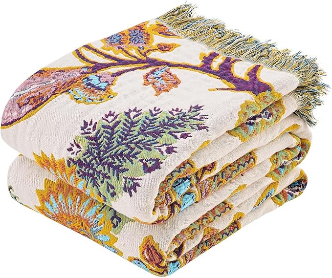 Boho Throw Blanket for Bed, 100% Cotton Soft Rustic Quilt Fall Blanket, 50"x60" Floral Printed Farmhouse Decor Bed Blankets, All Season Rustic Reversible Bohemian Throw Quilt