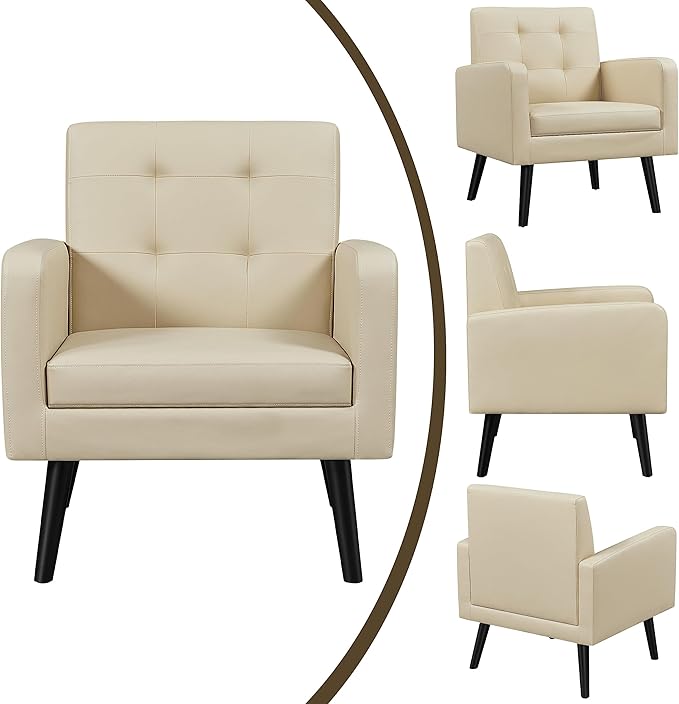 Yaheetech Mid-Century Accent Chairs, PU Leather Modern Upholstered Living Room Chair, Cozy Armchair Button Tufted Back and Wood Legs for Bedroom/Office/Cafe Beige
