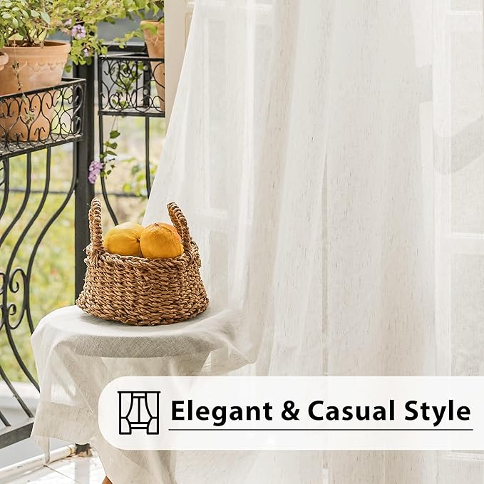 FMFUNCTEX Linen Sheer Sliding Door Curtains for Bedroom, Beige Curtains 96 Inches Long Window Curtain Drapes for Living Room, Natural Patio Glass Door Extra 100 Wide Curtain, Grommet Top 1 Panel