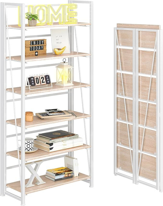 4NM No Assembly Foldable Bookshelf, 6-Shelf Collapsible Bookcase Storage for Small Spaces, 74" H, Natural White