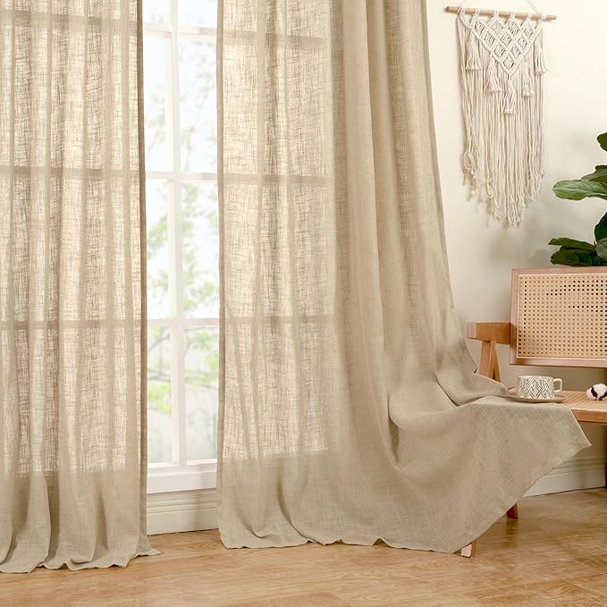 LAMIT Linen Curtains 84 Inches Long for Living Room, Bronze Grommet Linen Light Filtering Window Treatments Semi Sheer Burlap Drapes for Bedroom,2 Panels Set 60 x 84 Inch, Brown