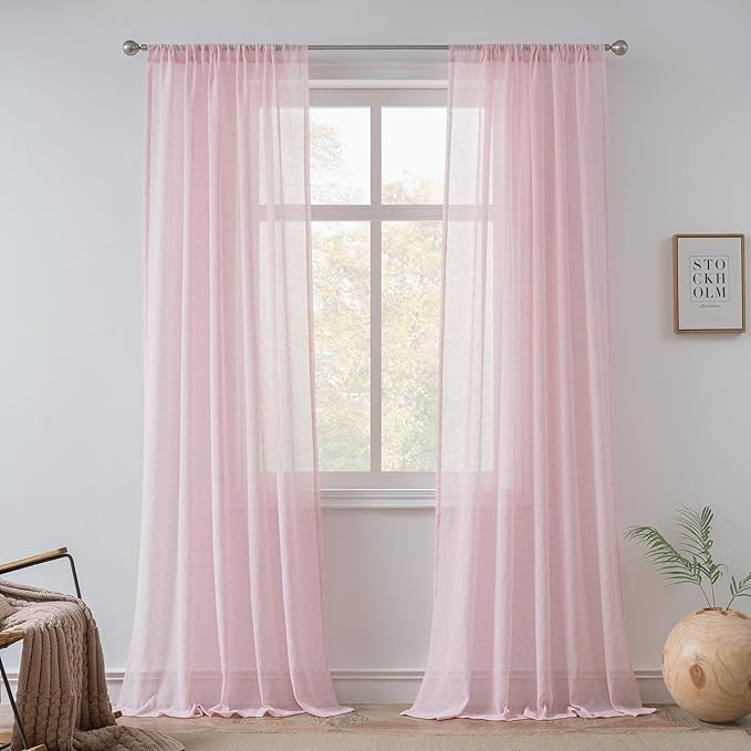 FMFUNCTEX Linen Sheer Curtains for Bedroom, Pink Curtains 84 inches Long for Living Room, Blush Pink Farmhouse French Flax Blend Window Draperies, Rod Pocket 2 Panels Set