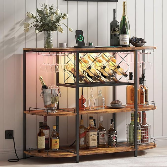 Wine Cabinet Bar Cart Table with Power Socket and LED Light, Three Tiers Coffee Bar Table Wine Rack Liqour Bar with Large Storage for Home Kitchen (Retro Brown)