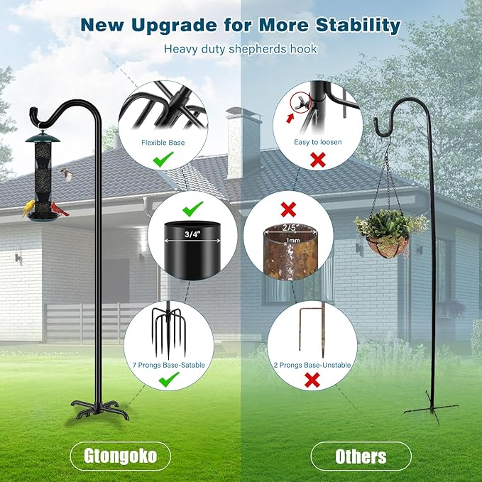 Gtongoko Adjustable Shepherds Hooks for Outdoor 76 Inch Bird Feeder Pole with 7 Prongs Base, 3/4 Inch Thick Heavy Duty for Hanging Bird Feeder, Plant Baskets,1 Pack