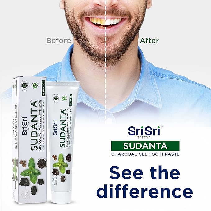 Sri Sri Tattva Sudanta Charcoal Toothpaste Gel – SLS, Fluoride Free Herbal Toothpaste with Neem & Ayurvedic Herbs – Natural Teeth Whitening, Fresh Breath, Oral & Gum Health – 100g Tube (Pack of 1)