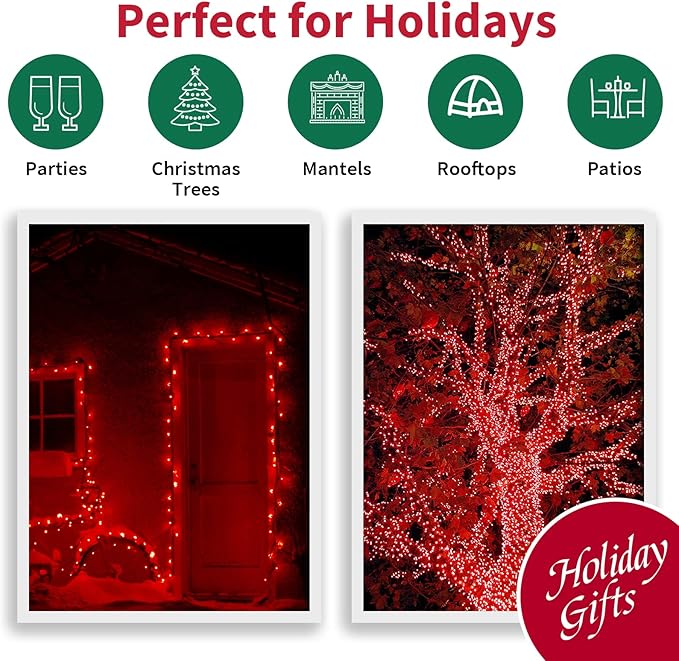 Red Wide Angle LED Christmas Lights, 64.8 Ft 300 Count, Pack of 3 Strands 21.9 Ft 100 Lights UL Certified Commercial Grade Green Wire 5mm Holiday String Light