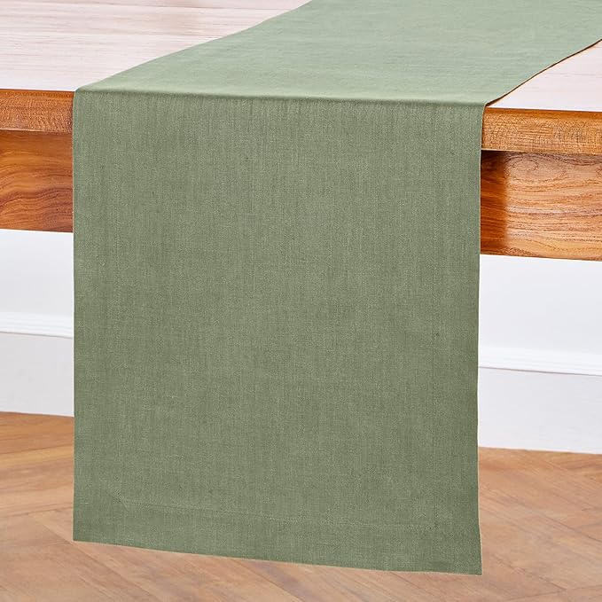 Solino Home Linen Table Runner 48 Inches - 100% Pure Linen Oil Green Table Runner 14 x 48 Inch Ideal for Dresser and Coffee Tables - Fall, Autumn, Thanksgiving - Fete