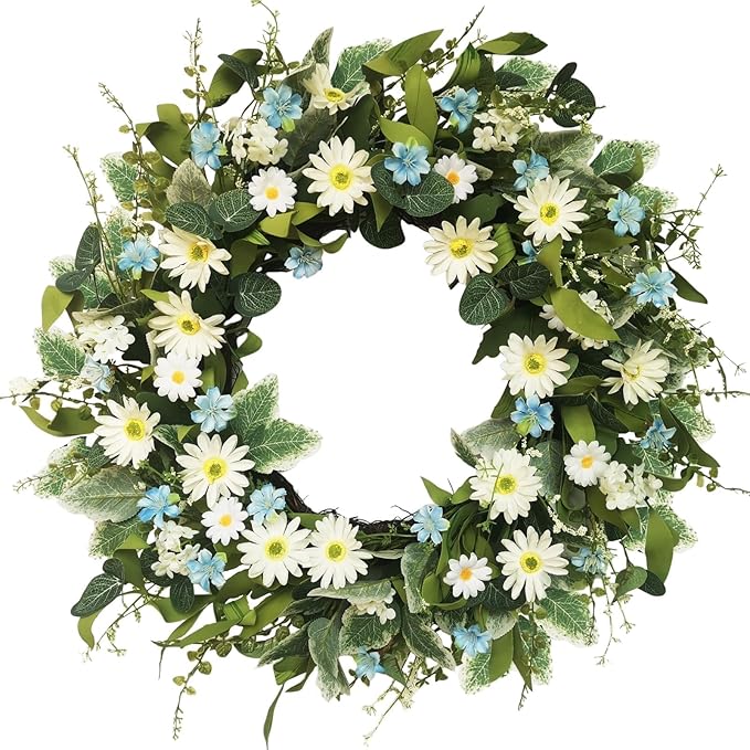 24 Inch Wreaths for Front Door, Large Spring Summer Artifiical Wreath with Blue White Daisy Flower, All Season Floral Wreaths for Porch Window Wall Decor Outside Indoor Outdoor Decorations