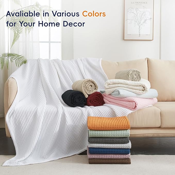 PHF Ultra Soft Waffle Weave Throw Blanket 50"x 60"- Washed Lightweight Breathable Cozy Woven Blanket for Bed - Aesthetic Decor for Couch Bedding Sofa Home Car - Coconut White