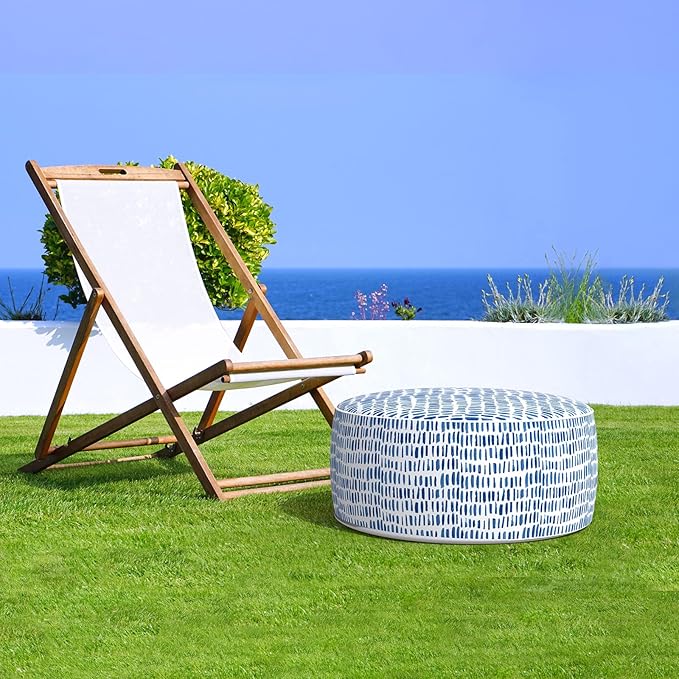 LVTXIII Outdoor Inflatable Ottoman Stool, Patio Water Repellent Footrest Stool with Handle, Portable Outside Round Ottoman for Patio Garden, Camping or Home Use, 21"x21"x9", Blue Pebble