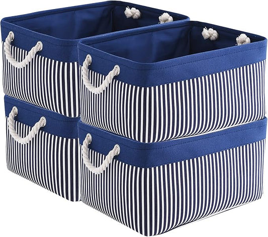 TcaFmac Storage Basket for Organizing - Large 4 Pack Foldable Storage Bins Baskets for Shelves with Ropes, Fabric Storage Cubes for Cloth Toy Gift Kids (Navy & White 16x12x8 inch)