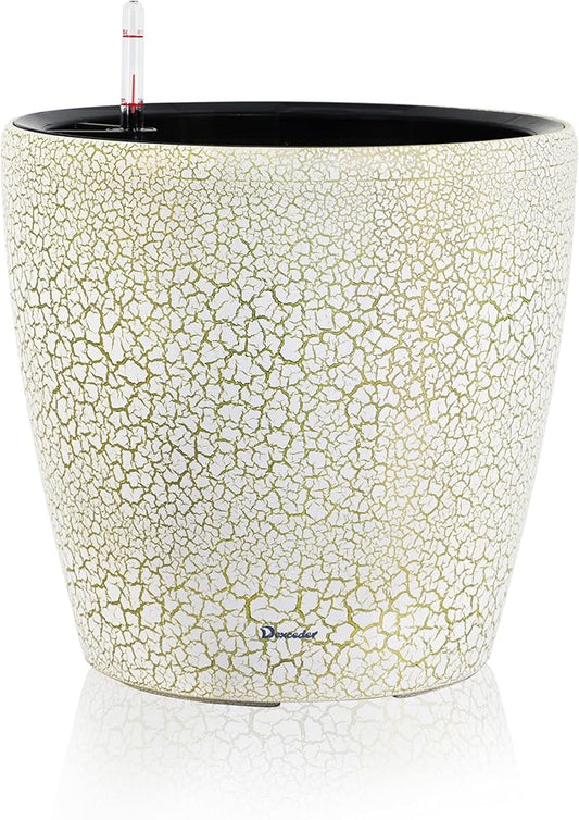 Dexceder 13x12 Self Watering Planter with Wheels Indoor Outdoor, Inner Pot Design, Thickened Large Floor Standing Flower Plant Pot with Water Level Indicator (White Gold Crackle)
