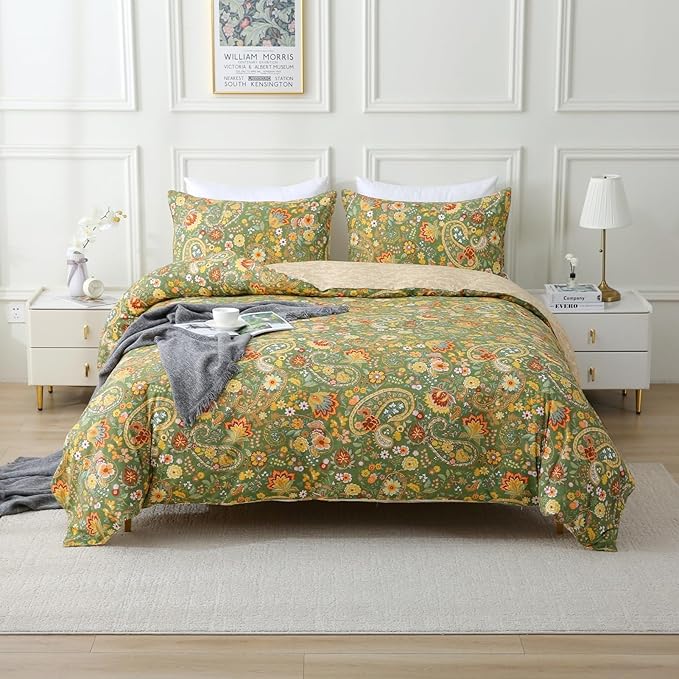 ABREEZE Paisley Bedding Sets 3Pcs Brushed Cotton Duvet Cover Set Queen Size Rustic Damask Green Floral Comforter Cover with Zipper Closure Boho Bedding Collections