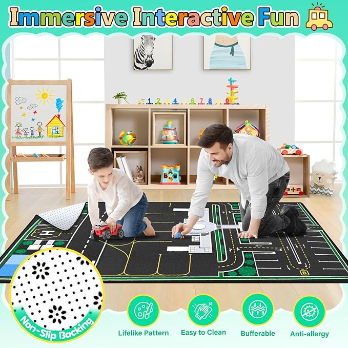 Kids Rug, Road Carpet for Kids with Combined City Road Traffic System, Car Rug and Airport Play Mat, 4x6 Ft Children’s Play Rugs for Playroom, Children’s City Traffic Map Fun Car Mat,Non-Slip
