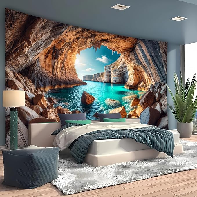 BSFHH Nature Tapestry Forest Tree Sea Cave Wall Hanging, Stream Through Rainforest Landscape Wall Art Tapestry for Bedroom Living room (Cave Sea View, 90"×70", Unframed)