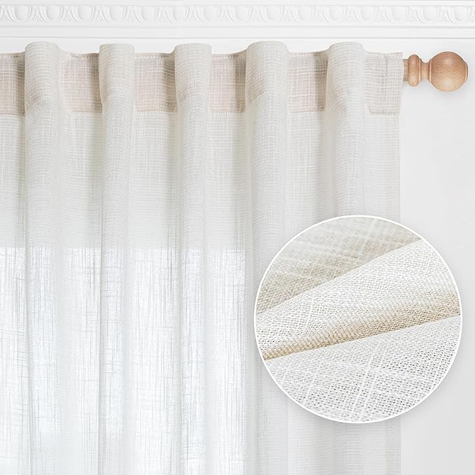 MYSKY HOME Extra Long Curtains for Living Room, Soft Cotton Fabric Boho Window Curtain Drapes Light Filtering Semi Sheer Backdrop Panels, 50 x 108 Inches, Natural, 2 Pieces