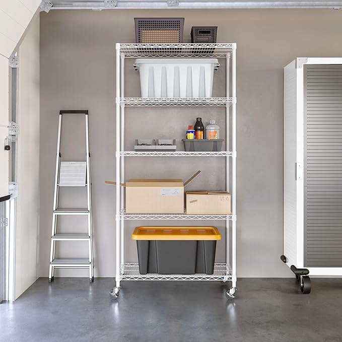 Seville Classics UltraDurable Heavy Duty NSF Solid Steel Wire Rack Storage Unit, Organizer for Garage, Warehouse, Office, Restaurant, Classroom, Kitchen, White, 5-Tier Shelving, 36" W x 14" D