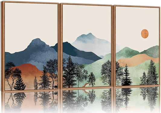 SIGNINART Boho Mountains Framed Canvas Wall Art Set of 3, Watercolor Nature Landscape Art Prints, Neutral Modern Sunrise Art Paintings, Green Forest Wall Decor for Living Room Bedroom Office 24"x36"x3