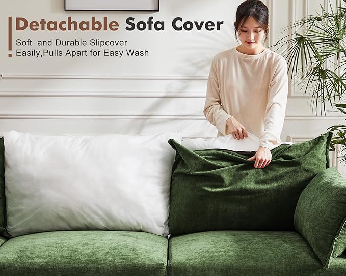 Luxury Modular Sectional Sofa, L-Shaped 3-Seat Couch with Storage Ottoman Deep Seat & Reversible Chaise Lounge Chenille Green for Compact Spaces, Apartments, Dorm
