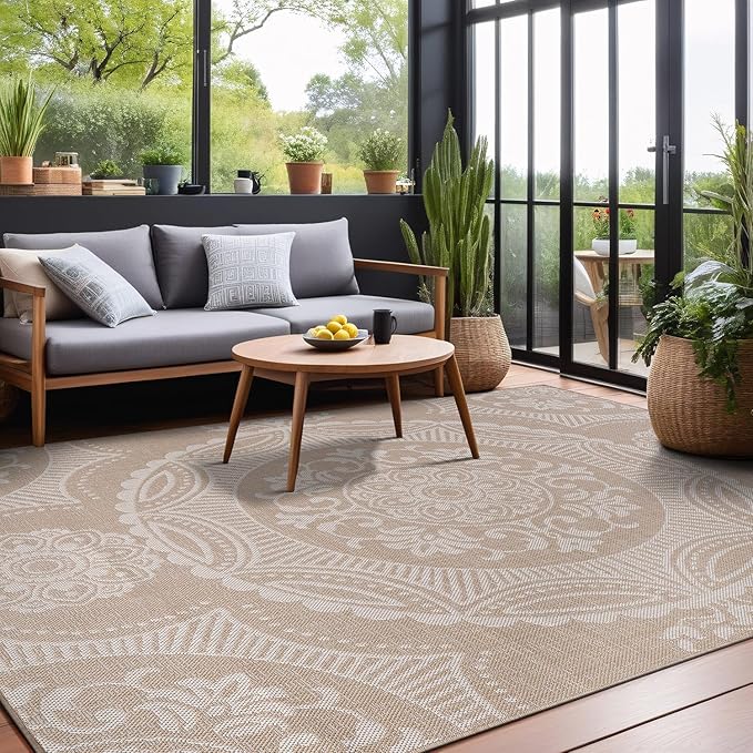 Medallion Outdoor Rug 9x12 Washable Outside Carpet for Indoor Patio Porch Waterproof Easy Cleaning Non Shedding Area Rugs Beige 9 x 12