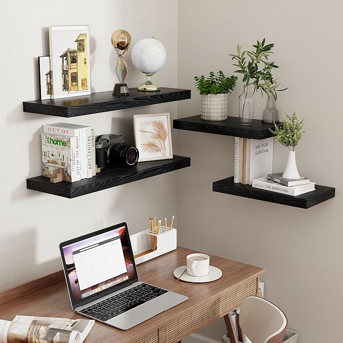 Fun Memories Black Floating Shelves 16 Inch Long, 9 Inch Deep Wall Shelf for Bathroom, 16 x 9 Floating Shelf for Living Room, Bedroom, Kitchen, Rustic Wood Shelves for Wall, Set of 2