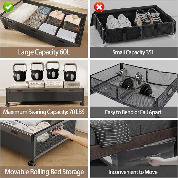 Under Bed Storage Containers with Wheels, Underbed Shoe Storage Organizer with Removable Lids, Large Rolling Under Bed Storage Dresser Drawers for Clothes Toys Shoes Blankets