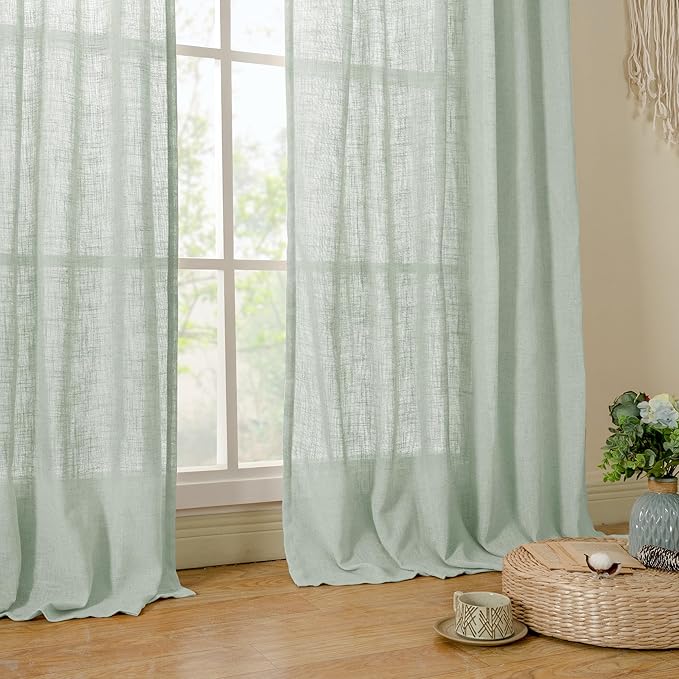 LAMIT Light Sage Linen Curtains 90 Inch for Bedroom, Bronze Grommet Linen Textured Semi Sheer Curtains Light Filtering Drapes for Living Room/Farmhouse, 2 Panels, 52 x 90 Inch
