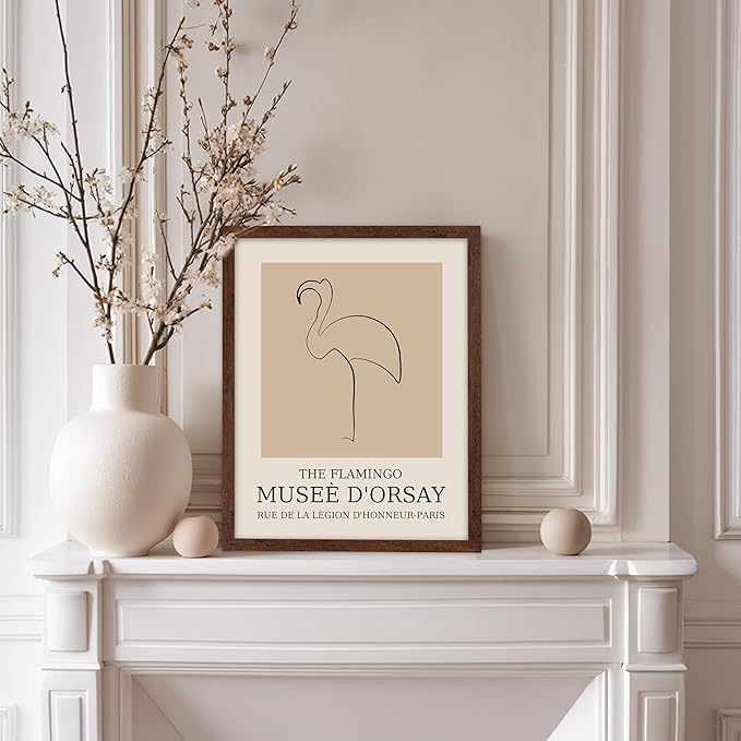 Poster Master Vintage Poster - Retro Minimalist Print - Gift for Artist, Housewarming - Flamingo, Line Drawing, Sketch, Abstract - Wall Decor for Living Room, Bedroom, 8x10 Brown Framed