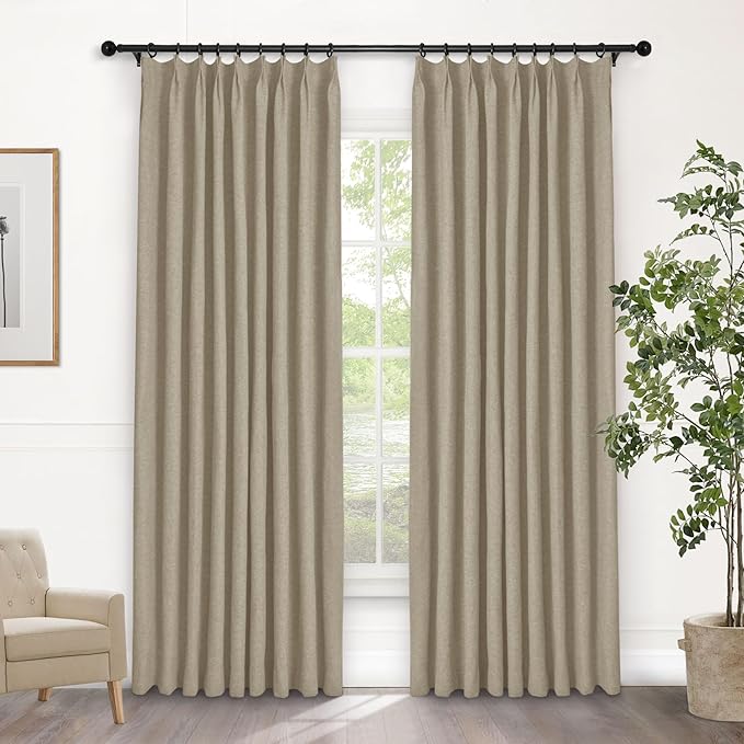 Macochico Pinch Pleated Full Blackout Curtains for Bedroom Living Room Light Khaki Linen Curtains Thermal Insulated and Noise Reducing Window Panels with Tieback Shabby Chic Decor 84”Wx84”L 1 Panel