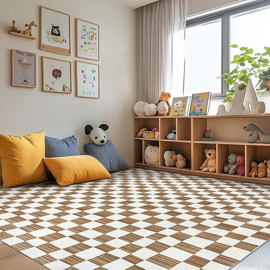 jinchan 8x10 Brown Checkered Area Rugs for Kids Room - Machine Washable Rug Modern Neutral Geometric Lattice Soft Non-Slip Carpet for Nursery Playroom Classroom Living Room Bedroom Dining Room