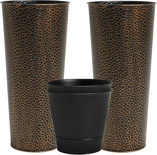 Worth Garden 2-Pack 28" H. Metal Planters with 2X Inside Pots - Hand-Hammered Texture Tall Narrow Cone Plant Pots - Large Handcrafted Bronze Flower Pot for Indoor Outdoor, Deck, Patio, Front Porch