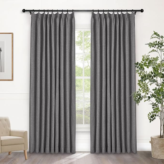 Macochico Pinch Pleated Full Blackout Curtains for Bedroom Living Room Gray Linen Curtains Thermal Insulated and Noise Reducing Window Panels with Tieback Shabby Chic Decor 84”Wx84”L 1 Panel