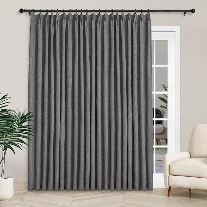 Macochico 120”Wx102”L 100% Blackout Linen Curtains Pinch Pleated Thermal Panels for Sliding Door Bedroom Living Room Farmhouse Shabby Chic Natural Grey Burlap Curtains with Tieback 1 Panel
