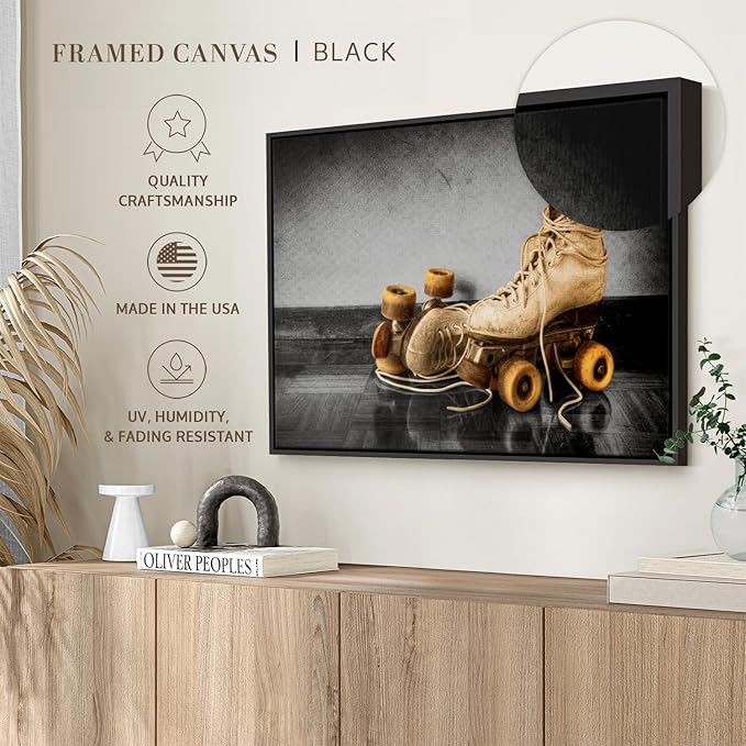ElephantStock Vintage Skates Pop Wall Art - Horizontal Framed Canvas - 1-Piece Living Room Wall Decor - Sport Photography Canvas Print - Beige and Black Decor for Wall - 40" X 27"