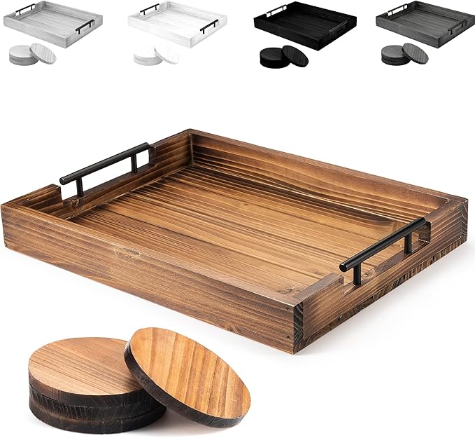 Ottoman Tray | Decorative Coffee Table Tray with Handles - Wooden, 17x13 Inch - Includes 4 Coasters - Ideal for Ottoman, Breakfast