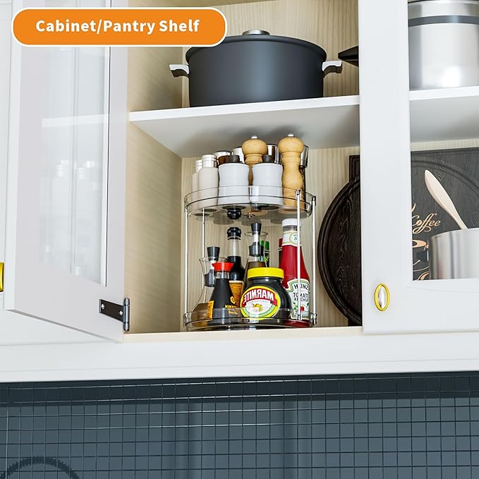 2 Tier Lazy Susan Turntable for Cabinet,Countertop,Pantry,9.5"W Spinning Seasoning Organizer,Double Rotating Kitchen Spice Rack Organizer and Condiments,Medicine,Vitamin Bottle Organizer Carousels,2Pc