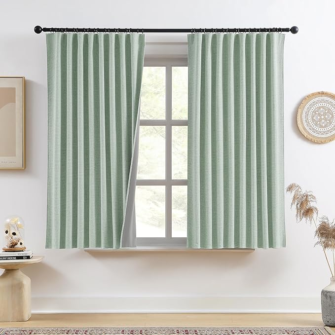 RAIN CITY Light Green Linen Blackout Curtains 72 Inch Long for Living Room,2 Panels Pinch Pleated Drape with Hooks Back Tab Boho Decor, Textured Full Black Out Curtains for Bedroom 50 x 72