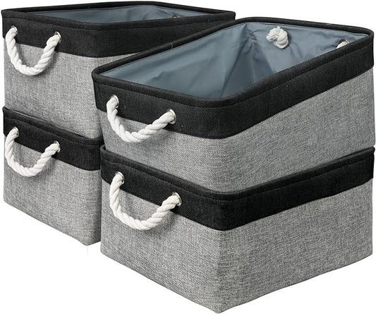 TcaFmac Storage Basket for Organizing - Large 4 Pack Canvas Decorative Storage Bins Baskets for Shelves with Ropes, Foldable Storage Cubes for Closet Cloth Toy Linen(Black & Grey 16x12x8 inch)