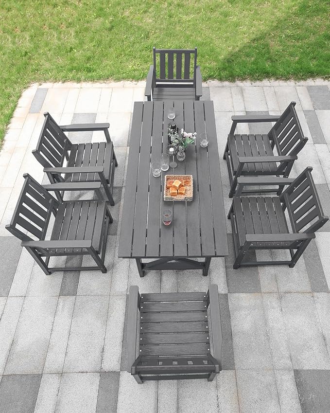 7 Pieces HDPE Outdoor Dining Set, Patio Dining Set with Umbrella Hole, All Weather Outdoor Dining Table Sets for 6, HDPE Patio Furniture Sets for Deck, Backyard, Lawn, and Poolside, Smoke Gray