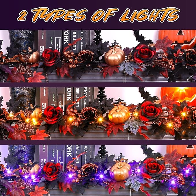 SHareconn 9FT Halloween Garland with Purple Lights Battery Operated and Timer, Pre-Lit Black Red Maple Leaves Lighted Garland Decorations for Fireplace Mantle Centerpiece Indoor Outdoor Decor, 9 FT
