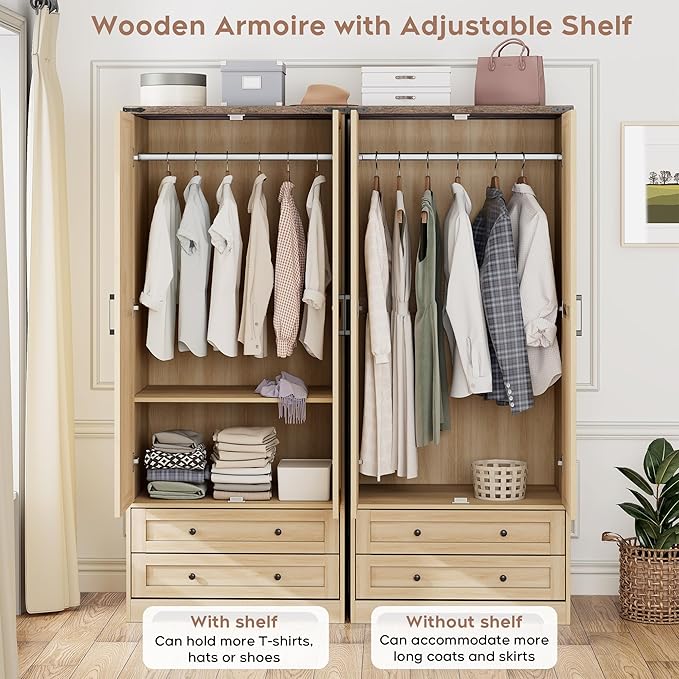 Brafab Wooden Armoire Wardrobe Closet with 2 Modern Doors, 71" Tall Freestanding Closet Wardrobe Cabinet with Drawers and Hanging Rail, Storage Cabinet with Shelve for Bedroom (Natural, 2 Doors)