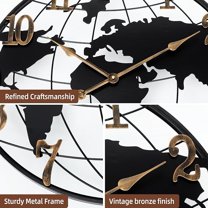 Oversizd Large Wall Clock - 32 Inch World Map Minimalist Modern Metal Silent Non-Ticking Battery Operated Wall Clocks for Living Room Office Farmhouse Home Decor
