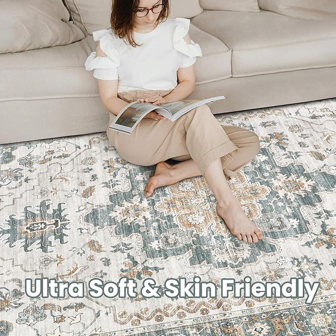 Washable Area Rugs for Living Room -10x14 Neutral Vintage Distressed Floral Farmhouse Boho Large Soft Floor Rug Indoor Non Slip Carpet for Living Room Bedroom Dining Room Office -Green/Grey