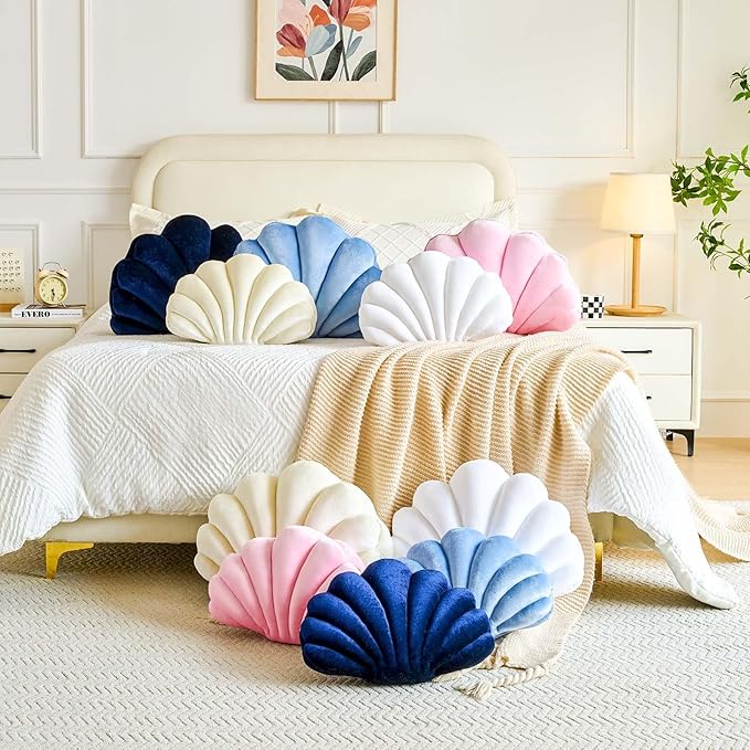 Navy Blue Seashell Throw Pillows, Shell Shaped Throw Pillows, 18 Inch Soft Velvet Home Decorative Pillow Plush Cushion for Bed Couch Living Sofa Room Decor Accent Throw Pillow