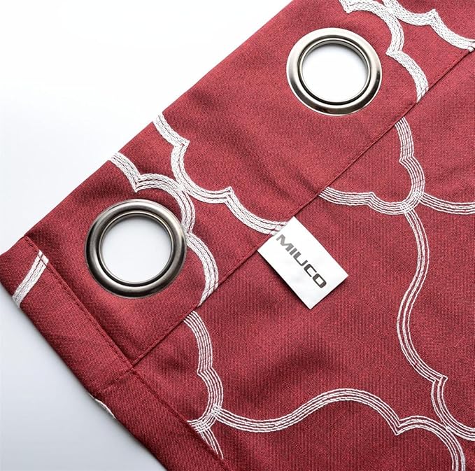 MIUCO Moroccan Embroidered Semi Sheer Curtains Faux Linen Grommet Curtains for Living Room 52 x 63 Inch 2 Panels, Burgundy