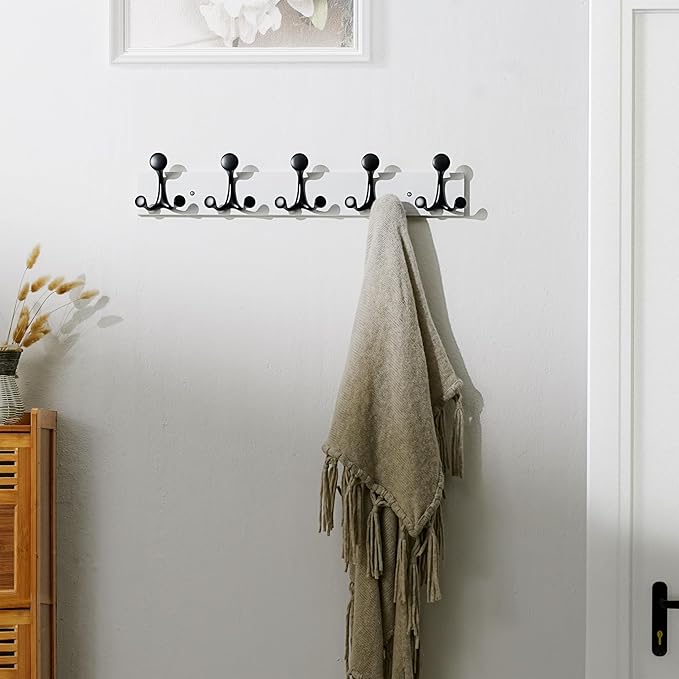 SKOLOO 24-Inch White Wood Coat Rack Wall Mount with 5 Triple Hooks - Ideal for Family Entrances, Classrooms, and Pet Supplies Storage - Perfect Coat Hooks for Wall, Pack of 2